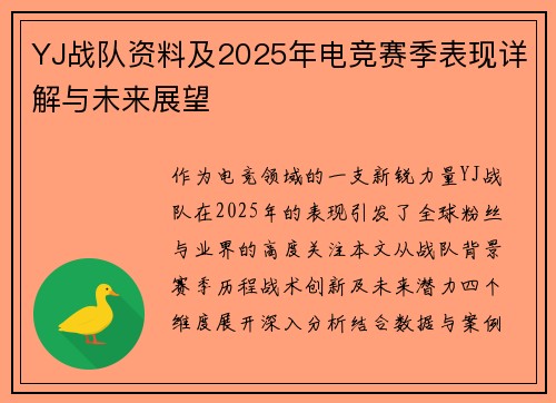 YJ战队资料及2025年电竞赛季表现详解与未来展望
